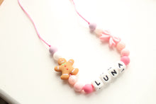 Load image into Gallery viewer, Personalised Pink Bow & Gingerbread Silicone Name Necklace