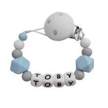 Load image into Gallery viewer, Personalised dummy clip - Pale Blue, Grey & White