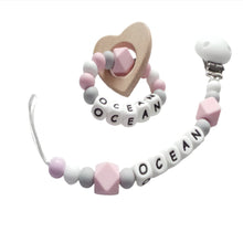 Load image into Gallery viewer, Personalised Pink Dummy clip and teething ring