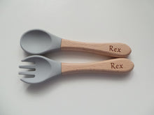 Load image into Gallery viewer, Personalised Engraved Wooden and Silicone weaning Cutlery Set - Grey