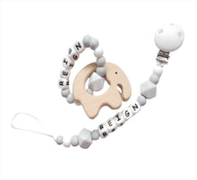 Load image into Gallery viewer, Personalised Dummy clip and Elephant Teething ring set - Marble grey, Grey and White