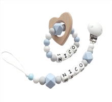 Load image into Gallery viewer, Personalised Blue Dummy clip and teething ring