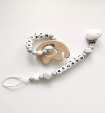 Load image into Gallery viewer, Personalised Dummy clip and Elephant Teething ring set - Marble grey, Grey and White