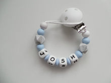 Load image into Gallery viewer, Personalised Dummy clip - Pale Blue, Grey Marble & White