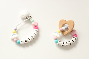 Rainbow Personalised Dummy clip and Teething ring
