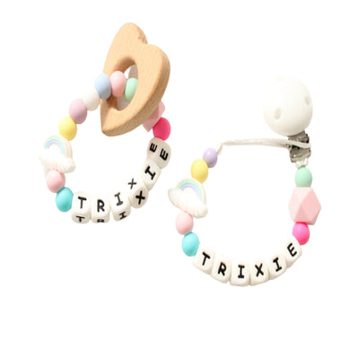 Rainbow Personalised Dummy clip and Teether