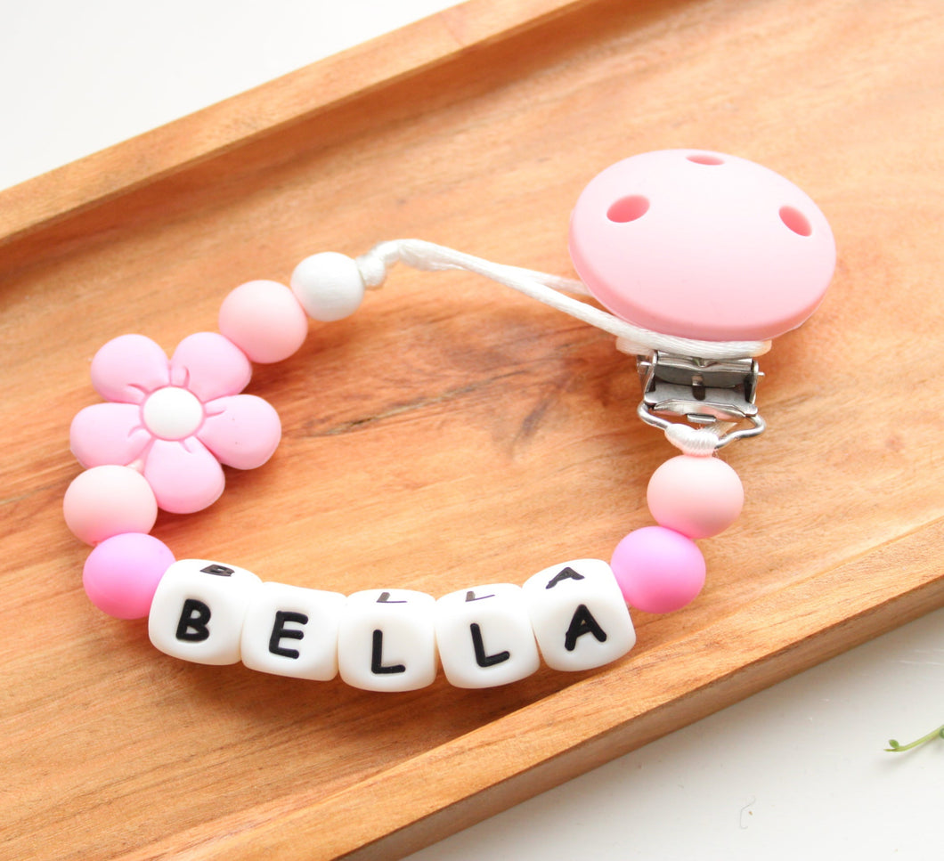 Personalised Pink Flower Dummy Clip