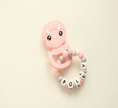 Personalised Silicone Dinosaur Teething Ring - Pink 