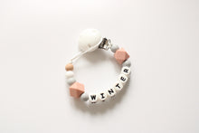 Load image into Gallery viewer, Personalised dummy clip- Dusky Pink, Grey &amp; White
