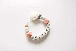 Personalised dummy clip- Dusky Pink, Grey & White
