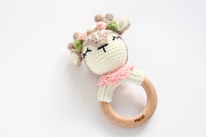 Personalised Rattle Crochet Elk with Flowers