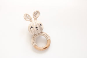 Personalised Beige Bunny Rattle with engraved name