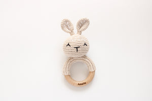 Personalised Beige Bunny Rattle with engraved name