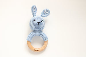 Personalised Blue Bunny Rattle with engraved name