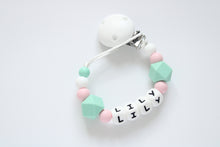 Load image into Gallery viewer, Personalised dummy clip- Mint &amp; Pink
