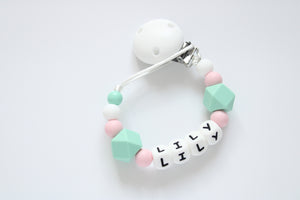 Personalised dummy clip- Mint & Pink