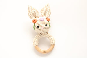 Personalised Crochet Bunny Rattle with engraved name