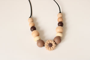 Beige Flower Silicone & Wooden beads Necklace