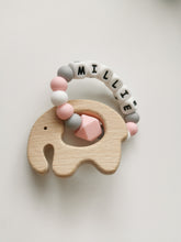 Load image into Gallery viewer, Personalised Dummy clip and Elephant  Teething ring set - Pink, Grey and White
