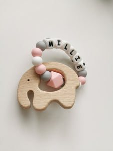 Personalised Dummy clip and Elephant  Teething ring set - Pink, Grey and White