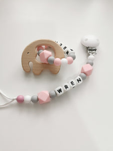 Personalised Dummy clip and Teething ring set - Elephant - More colors available