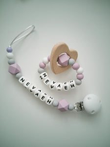 Personalised Dummy clip  & Teething ring Gift set - Heart - More colors available