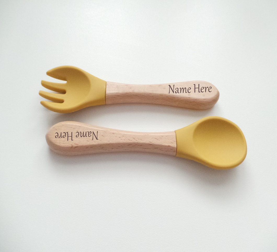 Personalised Engraved Wooden and Silicone weaning Cutlery Set - Mustard