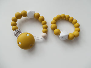Silicone dummy clip & Teething ring set - Mustard & Granite