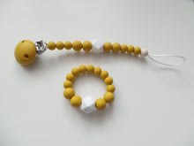 Load image into Gallery viewer, Silicone dummy clip &amp; Teething ring set - Mustard &amp; Granite
