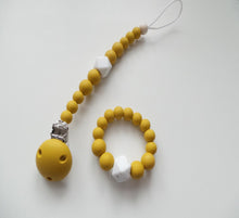 Load image into Gallery viewer, Silicone dummy clip &amp; Teething ring set - Mustard &amp; Granite 
