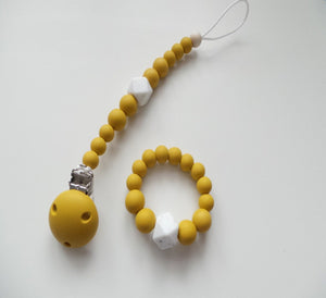 Silicone dummy clip & Teething ring set - Mustard & Granite 