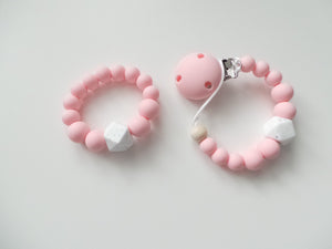 Silicone dummy clip & Teething ring set - Pink & Granite