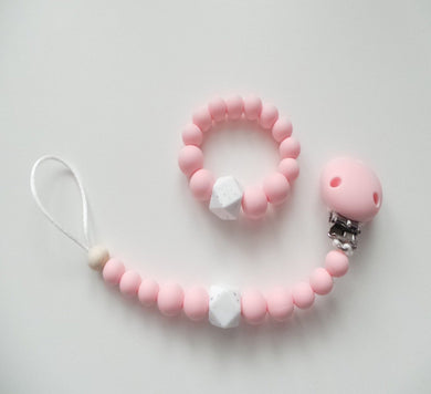 Silicone dummy clip & Teething ring set - Pink & Granite 