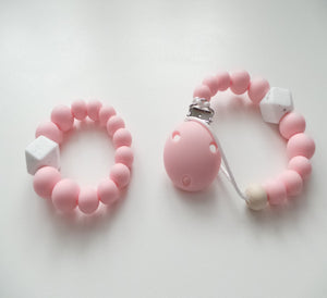 Silicone dummy clip & Teething ring set - Pink & Granite