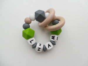 Personalised Teething Rattle Toy - Green & Grey