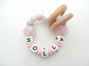 Personalised Teething Rattle Toy - Pink pearls