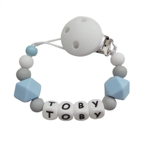 Personalised dummy clip - Pale Blue, Grey & White