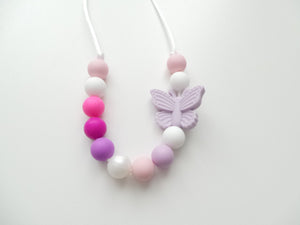 Kids Necklace- Silicone Pastel beads & Lilac Butterfly