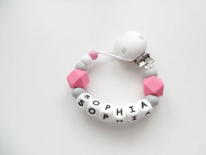 Personalised Silicone dummy clip- Hexagon beads - More colors available