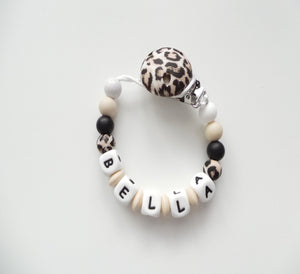 Personalised leopard and beige dummy clip