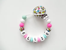Load image into Gallery viewer, Personalised Dummy clip- Colorful Leopard print, Mint &amp; Hot Pink
