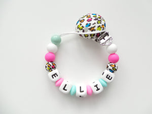 Personalised Dummy clip- Colorful Leopard print, Mint & Hot Pink