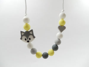 Kids Necklace- Silicone Grey Fox & Yellow Beads
