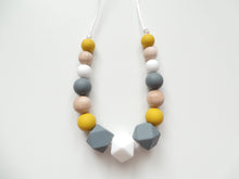 Load image into Gallery viewer, Teething Necklace Mustard, Dark grey, White &amp; Wooden beads
