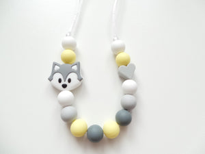 Kids Necklace- Silicone Grey Fox & Yellow Beads