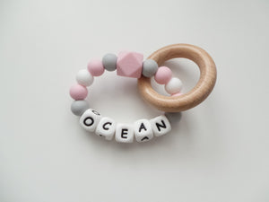 Personalised Teething Ring - Pink & Grey