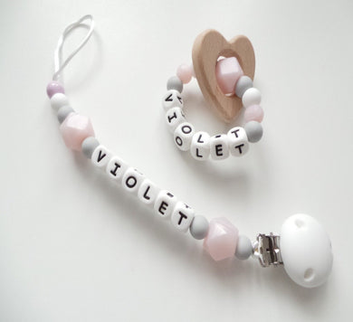 Personalised Baby gift- Dummy Clip & Heart Teether