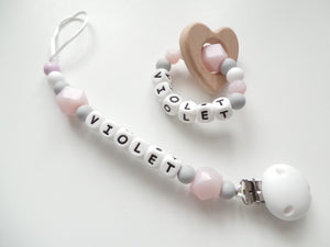 Personalised Dummy clip  & Teething ring Gift set - Heart - More colors available