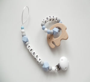 Personalised Dummy clip and Teething ring set - Elephant - More colors available