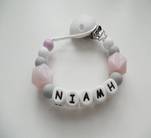 Pink & Grey Personalised Dummy clip